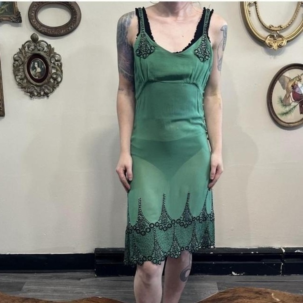 Vintage 1930s Art Deco Green Silk Beaded Flapper Slip Dress Size Small